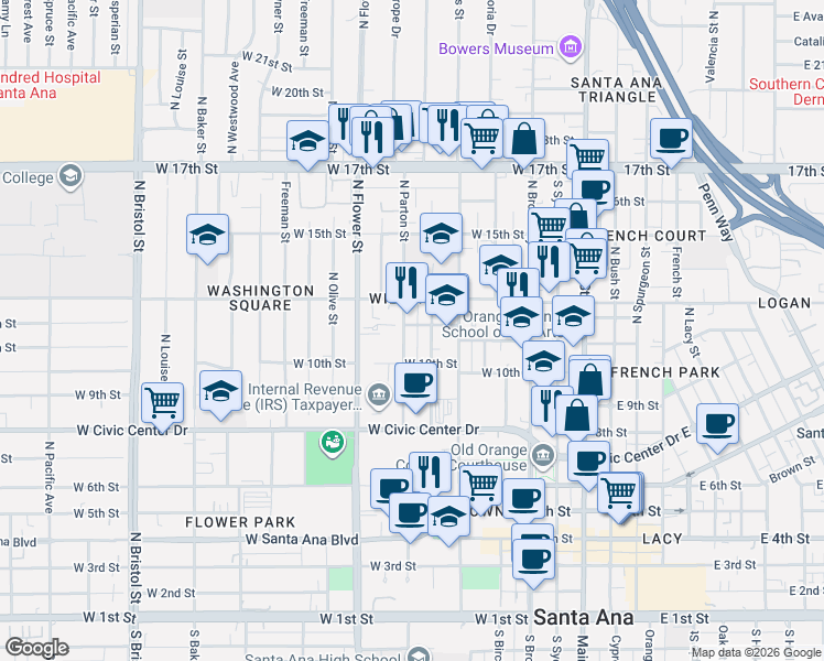 map of restaurants, bars, coffee shops, grocery stores, and more near 1019 North Parton Street in Santa Ana