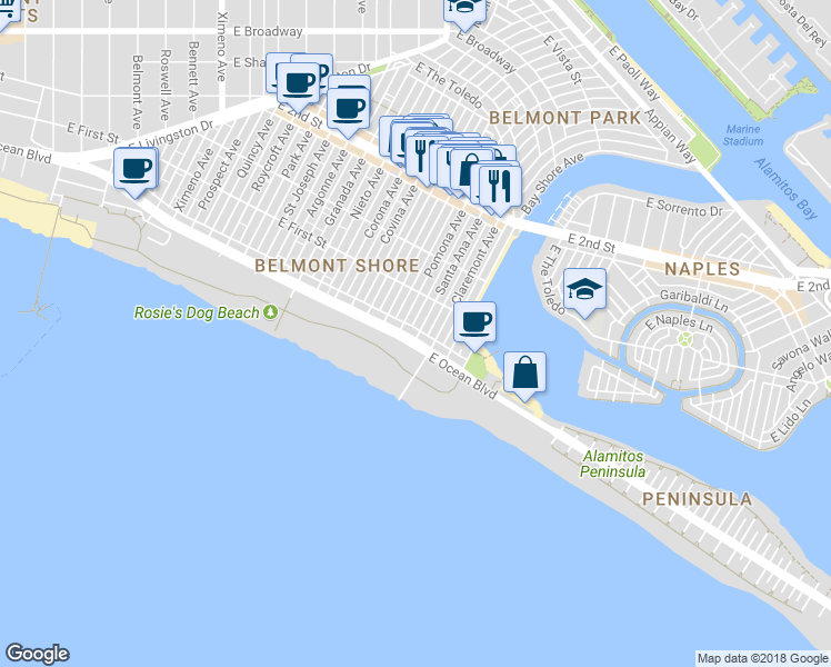 map of restaurants, bars, coffee shops, grocery stores, and more near 5351 East Ocean Boulevard in Long Beach