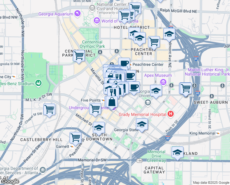 map of restaurants, bars, coffee shops, grocery stores, and more near 74 Peachtree Street Southwest in Atlanta