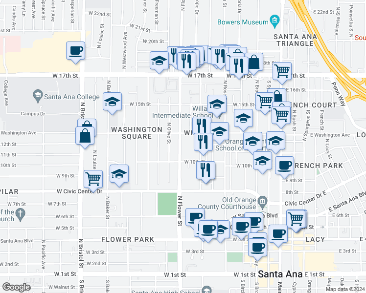 map of restaurants, bars, coffee shops, grocery stores, and more near 1101 North Flower Street in Santa Ana