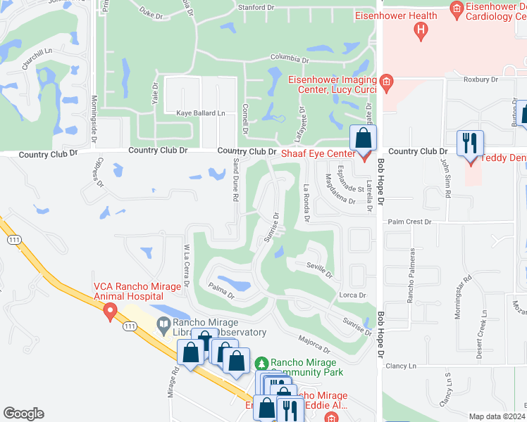 map of restaurants, bars, coffee shops, grocery stores, and more near 8 Valencia Drive in Rancho Mirage