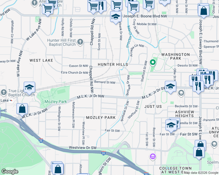 map of restaurants, bars, coffee shops, grocery stores, and more near 1311 Martin Luther King Junior Drive Northwest in Atlanta