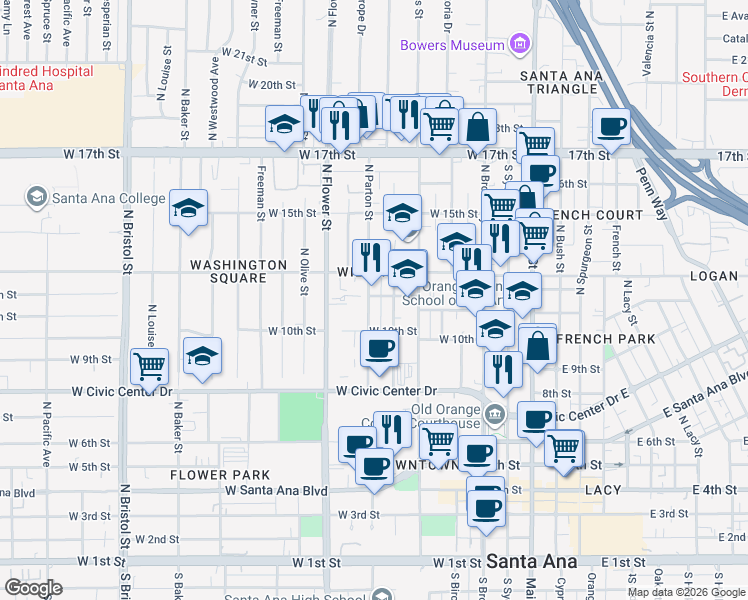 map of restaurants, bars, coffee shops, grocery stores, and more near 1027 North Parton Street in Santa Ana