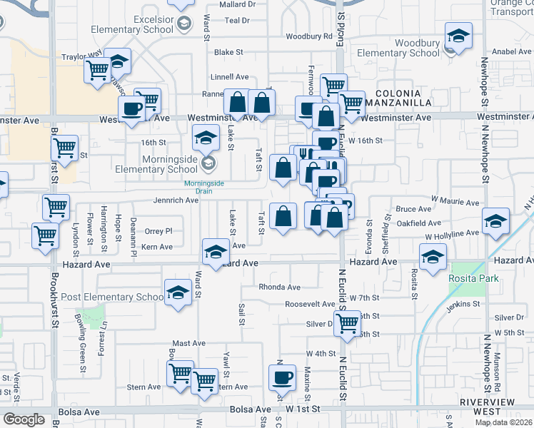 map of restaurants, bars, coffee shops, grocery stores, and more near 14342 Taft Street in Garden Grove