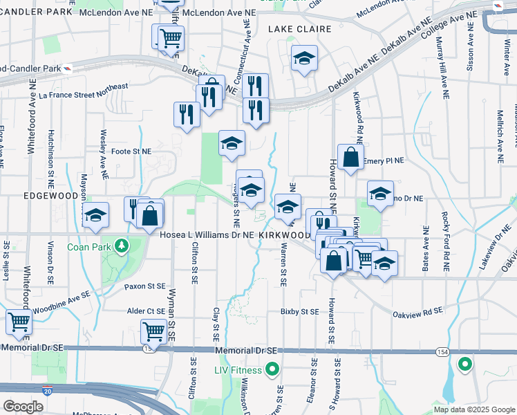 map of restaurants, bars, coffee shops, grocery stores, and more near 65 Rogers Street Northeast in Atlanta