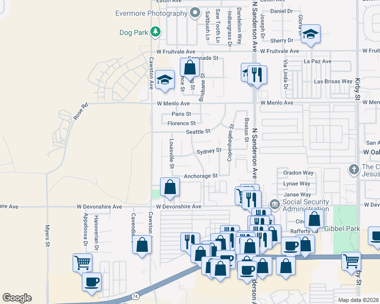 map of restaurants, bars, coffee shops, grocery stores, and more near 511 Madrid Street in Hemet