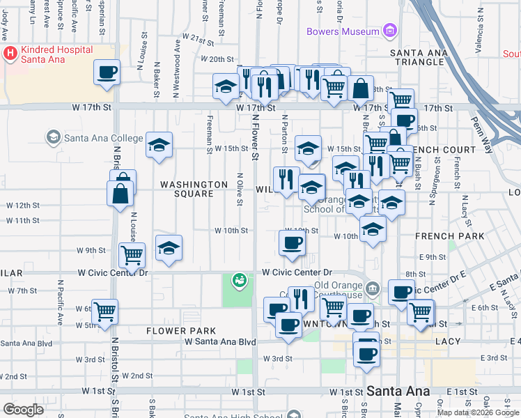 map of restaurants, bars, coffee shops, grocery stores, and more near 1021 North Flower Street in Santa Ana