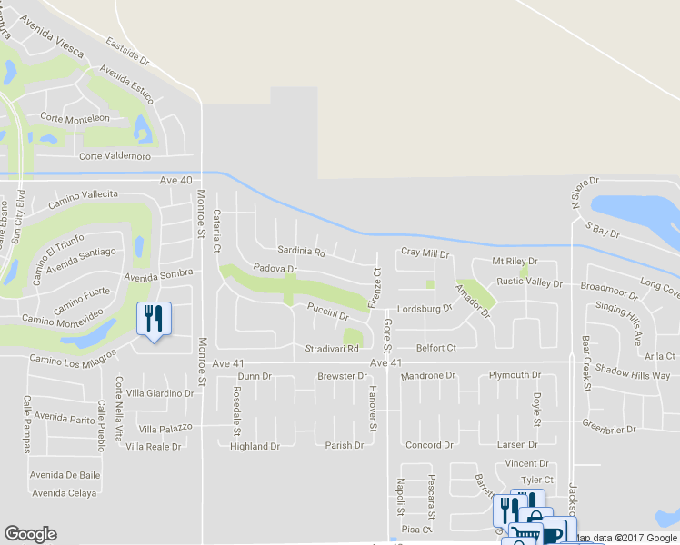 map of restaurants, bars, coffee shops, grocery stores, and more near 82372 Padova Drive in Indio