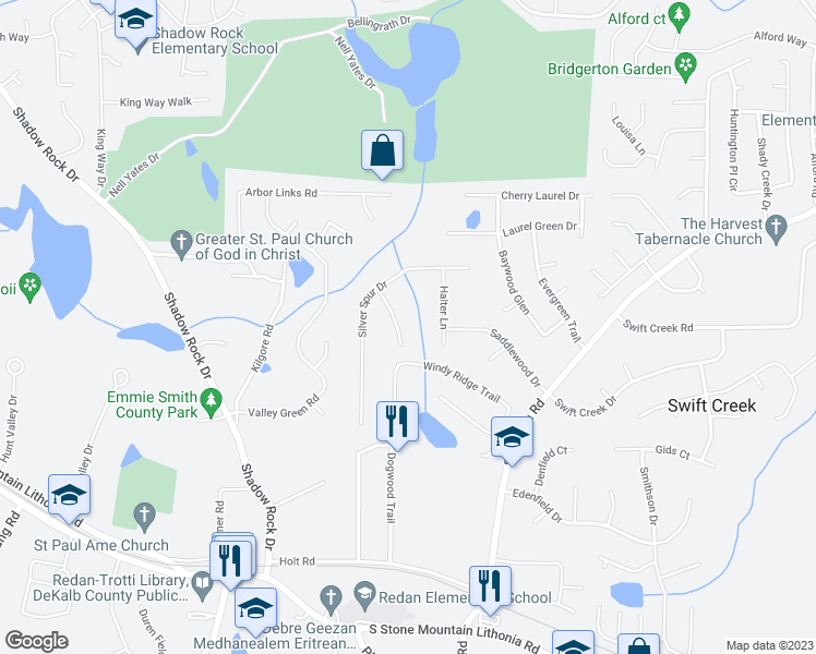 map of restaurants, bars, coffee shops, grocery stores, and more near 1298 Silver Spur Court in Lithonia
