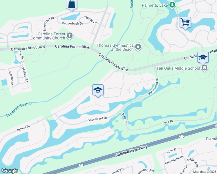 map of restaurants, bars, coffee shops, grocery stores, and more near 136 Westhaven Drive in Myrtle Beach