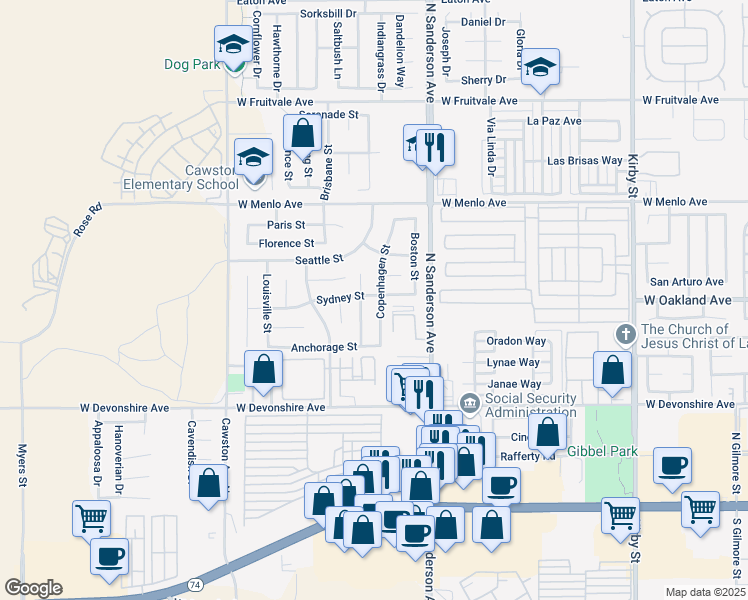 map of restaurants, bars, coffee shops, grocery stores, and more near 491 Copenhagen Street in Hemet