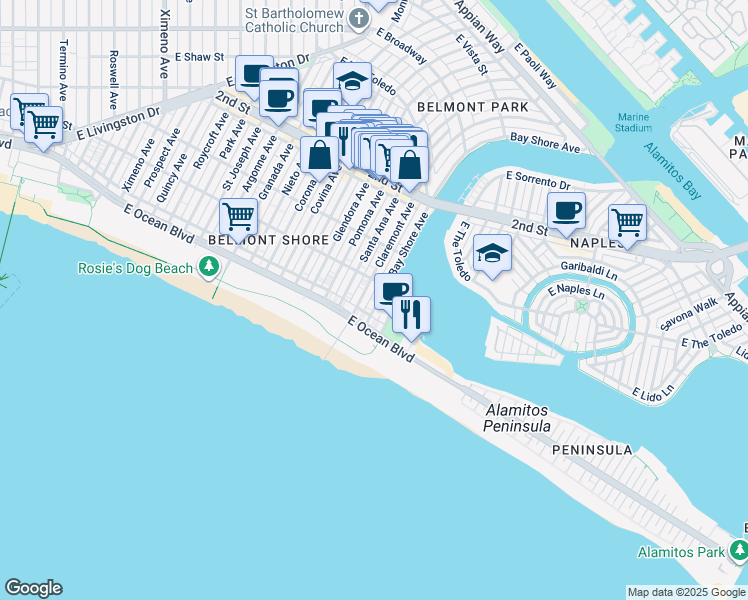 map of restaurants, bars, coffee shops, grocery stores, and more near 47 Bay Shore Avenue in Long Beach