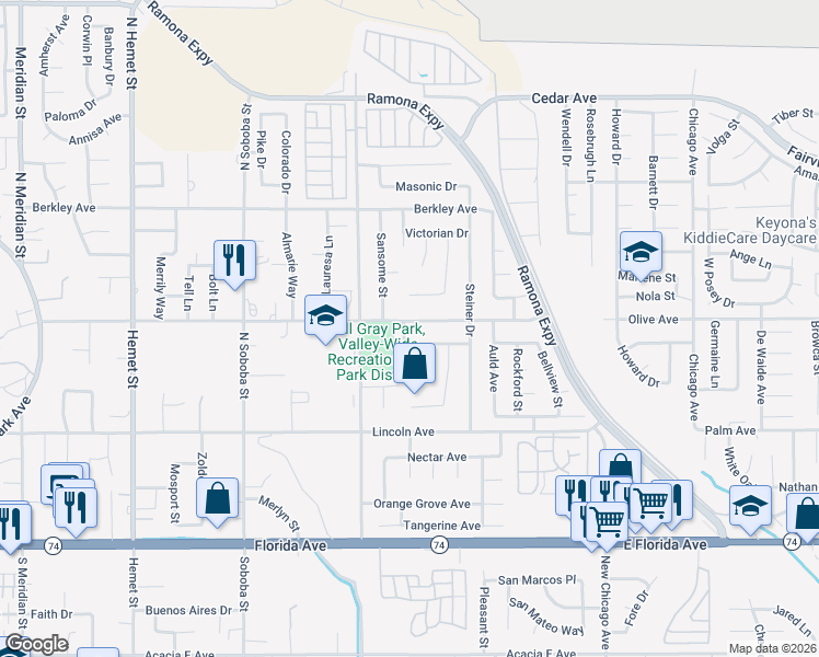 map of restaurants, bars, coffee shops, grocery stores, and more near 5473 Charlton Avenue in Hemet