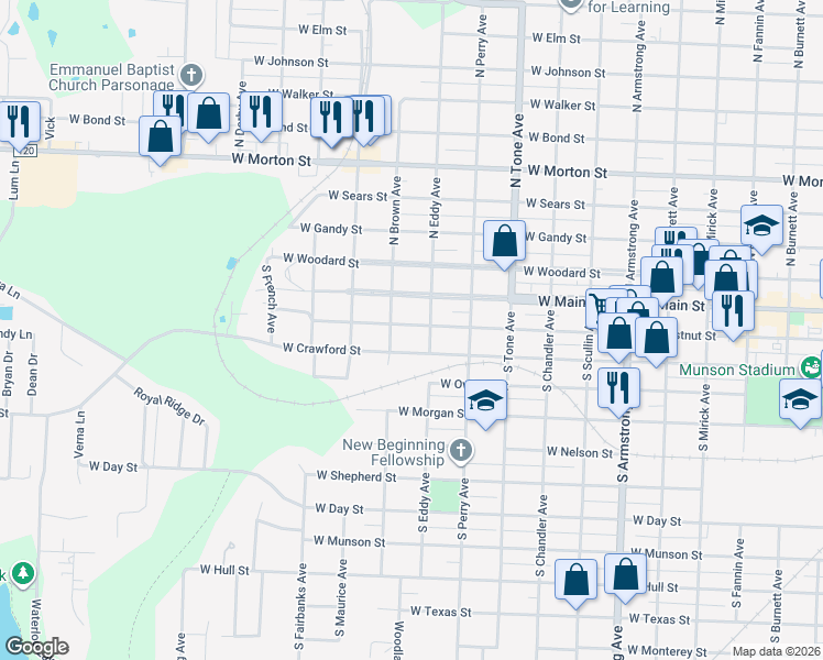 map of restaurants, bars, coffee shops, grocery stores, and more near 1323 West Crawford Street in Denison