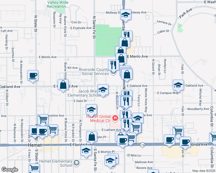 map of restaurants, bars, coffee shops, grocery stores, and more near 1079 East Oakland Avenue in Hemet