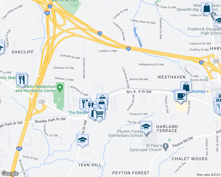 map of restaurants, bars, coffee shops, grocery stores, and more near 2948 Delmar Lane Northwest in Atlanta