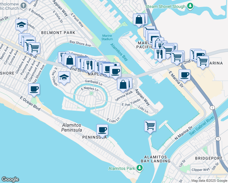 map of restaurants, bars, coffee shops, grocery stores, and more near 140 Cordova Walk in Long Beach