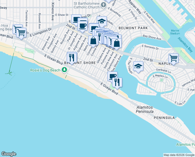 map of restaurants, bars, coffee shops, grocery stores, and more near 5339 East Ocean Boulevard in Long Beach