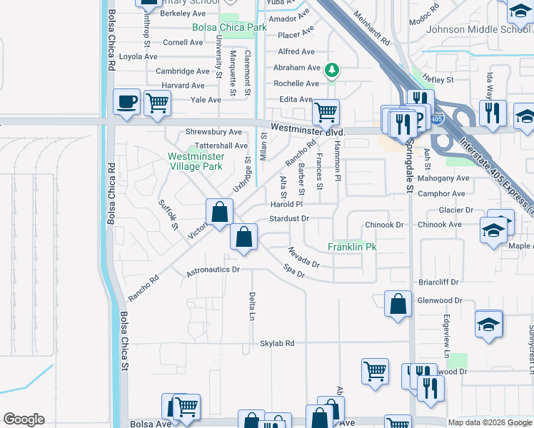 map of restaurants, bars, coffee shops, grocery stores, and more near 5501 Stardust Drive in Huntington Beach