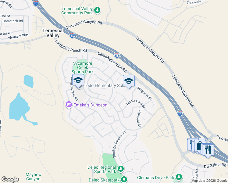 map of restaurants, bars, coffee shops, grocery stores, and more near 11242 Evergreen Loop in Corona