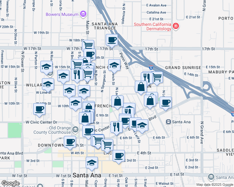 map of restaurants, bars, coffee shops, grocery stores, and more near 419 Wellington Avenue in Santa Ana