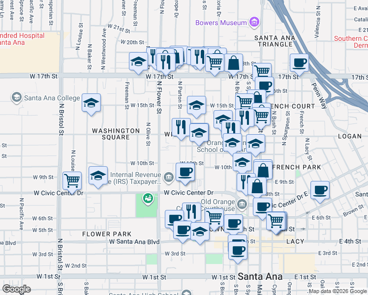 map of restaurants, bars, coffee shops, grocery stores, and more near 1019 North Parton Street in Santa Ana
