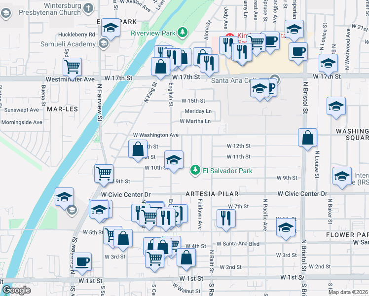 map of restaurants, bars, coffee shops, grocery stores, and more near 1109 North Townsend Street in Santa Ana