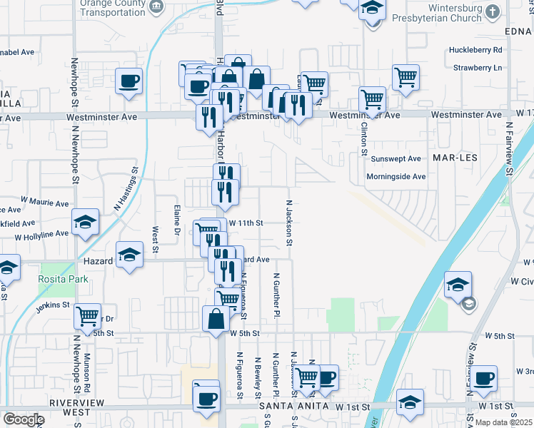 map of restaurants, bars, coffee shops, grocery stores, and more near 1102 North Bewley Street in Santa Ana