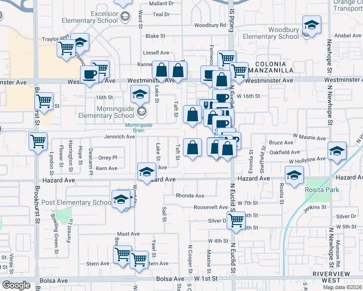 map of restaurants, bars, coffee shops, grocery stores, and more near 14342 Taft Street in Garden Grove