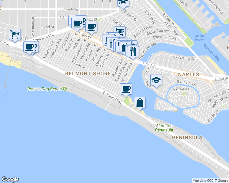 map of restaurants, bars, coffee shops, grocery stores, and more near 5351 East Ocean Boulevard in Long Beach