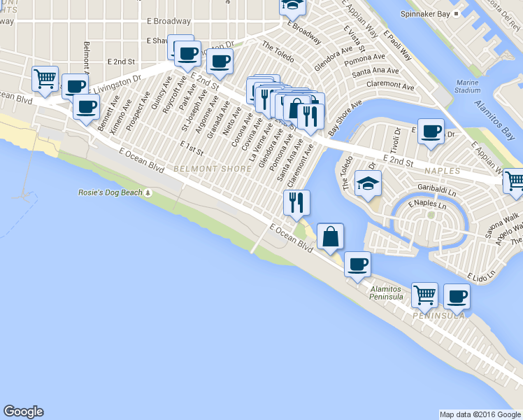 map of restaurants, bars, coffee shops, grocery stores, and more near 5351 East Ocean Boulevard in Long Beach