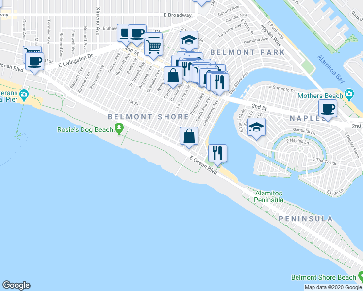 map of restaurants, bars, coffee shops, grocery stores, and more near 5351 East Ocean Boulevard in Long Beach