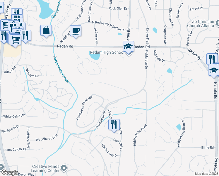 map of restaurants, bars, coffee shops, grocery stores, and more near 5075 Golfbrook Drive in Stone Mountain