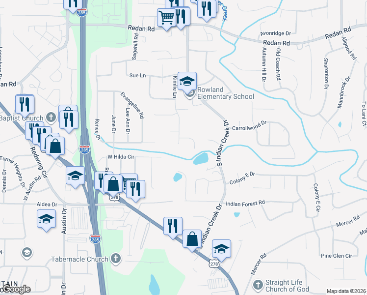 map of restaurants, bars, coffee shops, grocery stores, and more near 4203 Kimlie Cove in Decatur