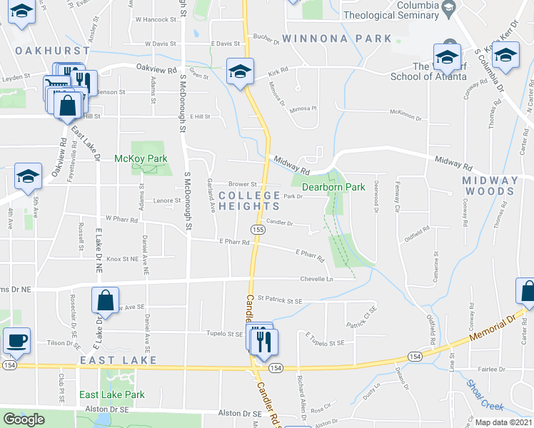 map of restaurants, bars, coffee shops, grocery stores, and more near 120 Candler Drive in Decatur