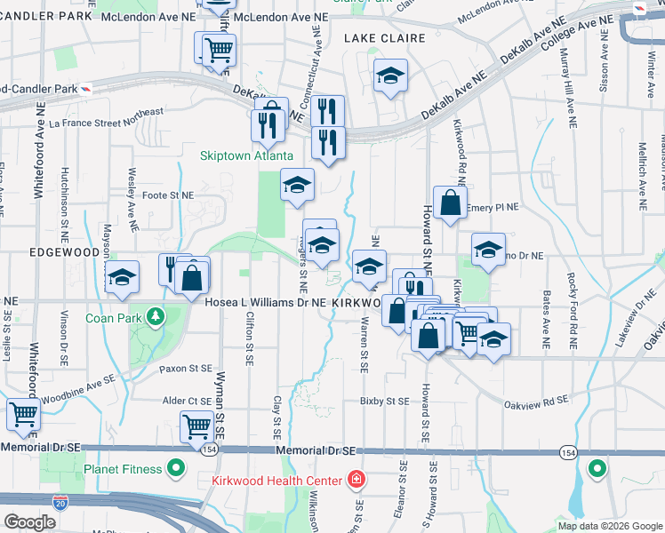 map of restaurants, bars, coffee shops, grocery stores, and more near 65 Rogers Street Northeast in Atlanta
