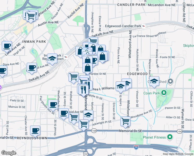 map of restaurants, bars, coffee shops, grocery stores, and more near 31 Screven Street Northeast in Atlanta