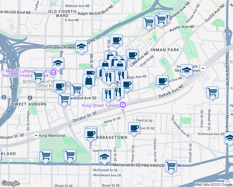 map of restaurants, bars, coffee shops, grocery stores, and more near 11 Skyline Way in Atlanta