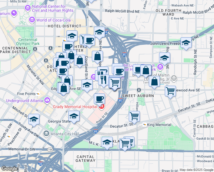 map of restaurants, bars, coffee shops, grocery stores, and more near in Atlanta