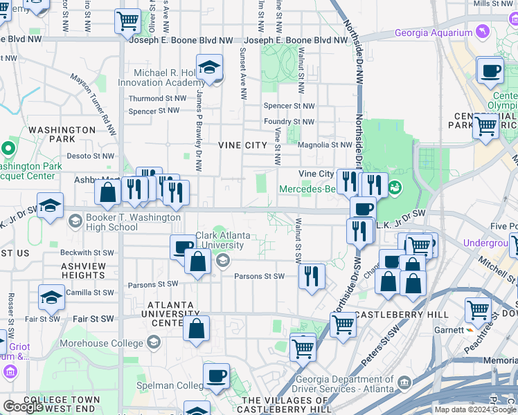 map of restaurants, bars, coffee shops, grocery stores, and more near 665 Martin Luther King Junior Drive Southwest in Atlanta