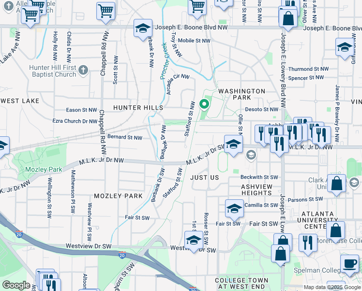 map of restaurants, bars, coffee shops, grocery stores, and more near 1196 Oleander Street Northwest in Atlanta