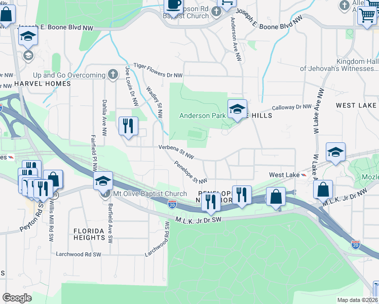 map of restaurants, bars, coffee shops, grocery stores, and more near 2073 Verbena Street Northwest in Atlanta