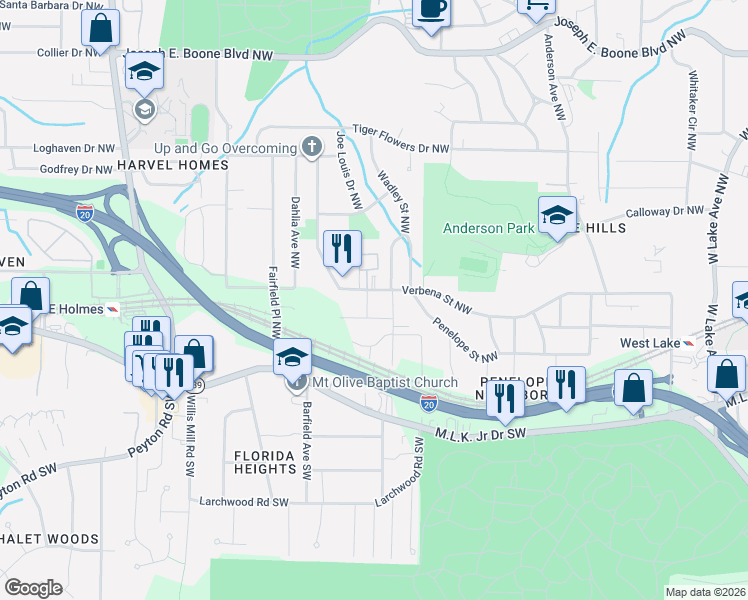 map of restaurants, bars, coffee shops, grocery stores, and more near 117 Lamar Avenue Northwest in Atlanta