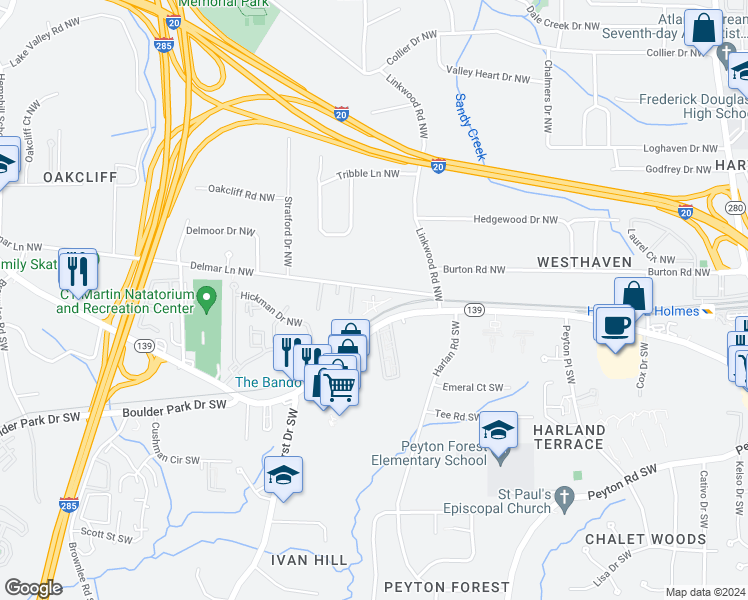 map of restaurants, bars, coffee shops, grocery stores, and more near 2948 Delmar Lane Northwest in Atlanta