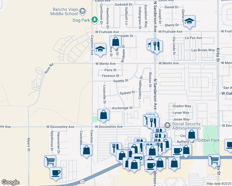 map of restaurants, bars, coffee shops, grocery stores, and more near 511 Madrid Street in Hemet