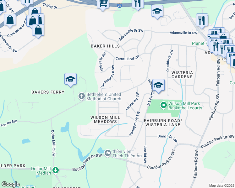 map of restaurants, bars, coffee shops, grocery stores, and more near 3996 Bakers Ferry Road Southwest in Atlanta