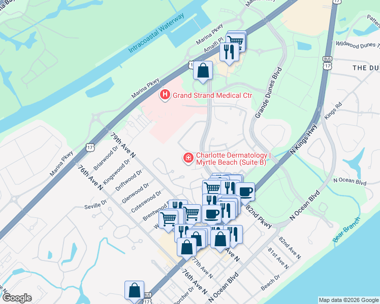 map of restaurants, bars, coffee shops, grocery stores, and more near Nigels Drive in Myrtle Beach