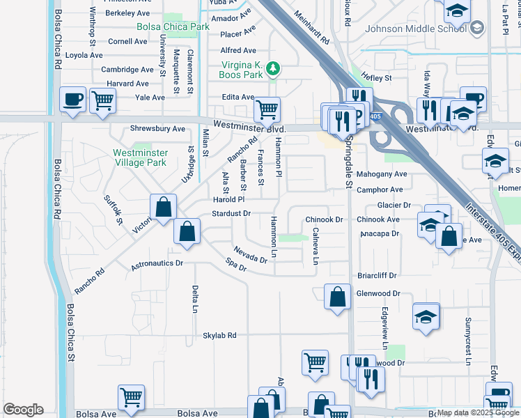 map of restaurants, bars, coffee shops, grocery stores, and more near 5681 Stardust Drive in Huntington Beach
