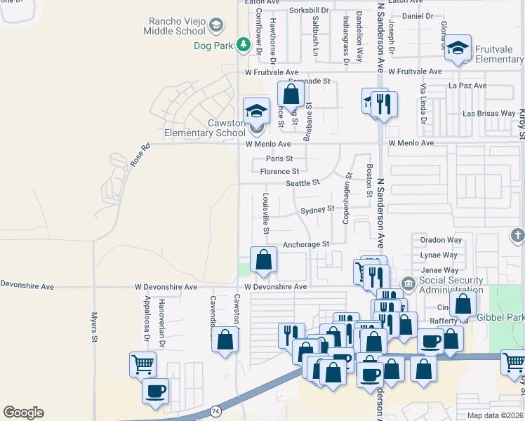 map of restaurants, bars, coffee shops, grocery stores, and more near 517 Louisville Street in Hemet