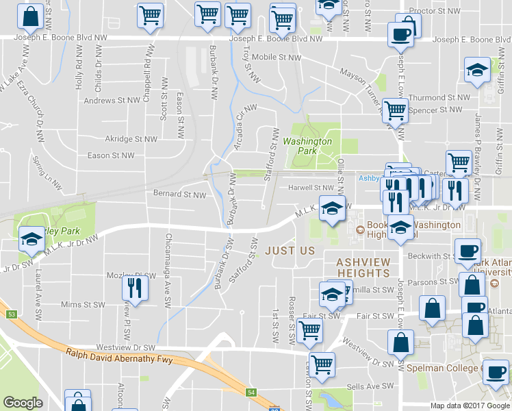 map of restaurants, bars, coffee shops, grocery stores, and more near 1196 Oleander Street Northwest in Atlanta